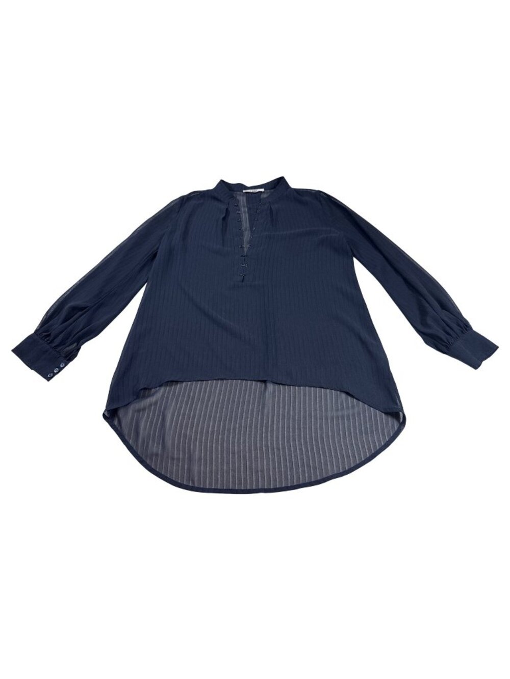 Ro & De Navy Sheer Striped High-Low Hook-Front Blouse XS (FF394)